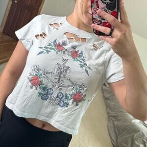 Electric Pink: Distressed Cropped Skeleton Tee